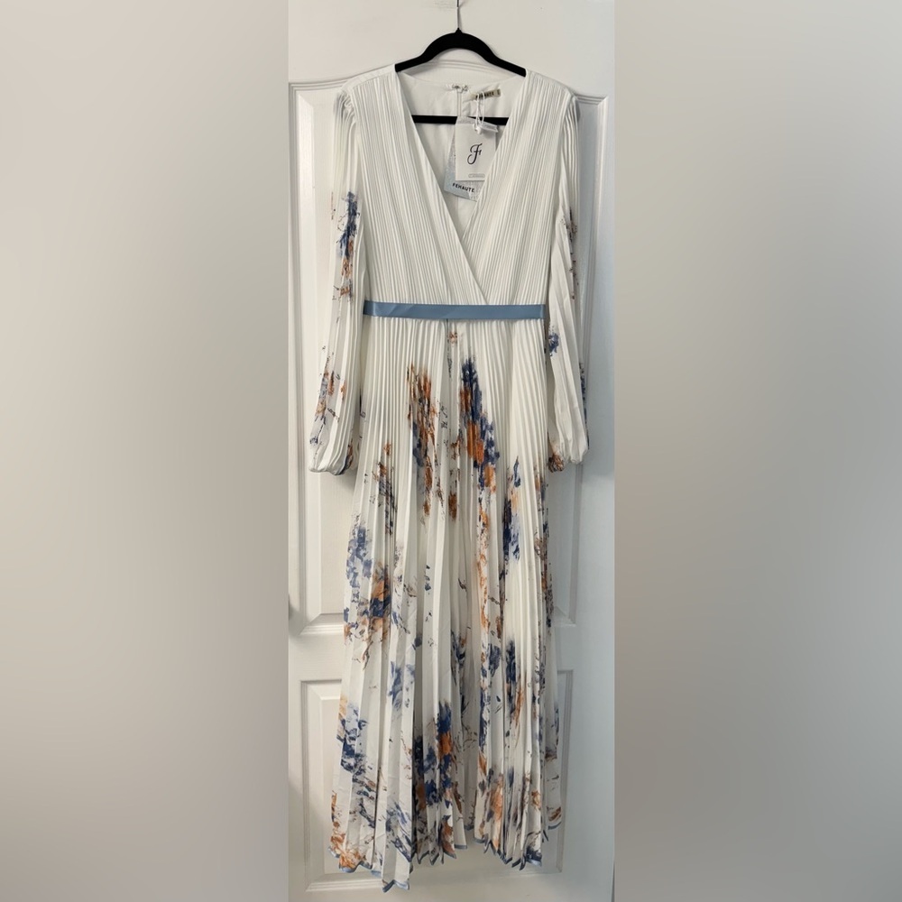 Fehaute Pleated Floral Chiffon V Neck Long Balloon Sleeve A-Line Maxi Dress - Picture 4 of 16